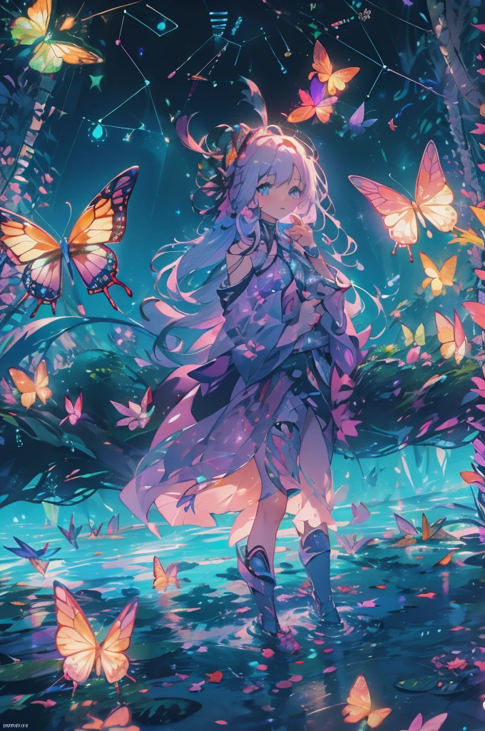 ( glowing neon butterflies )( glowing watercolor butterflies ), (Thursday at Midnight々 small pond surrounded by shining stars  ), ( constellations visible with shining stars :1.6), (  stars and glowing butterflies projected on the pond  ), (Woman standing in a pond ), ( cyberpunk butterflies )、  so realistic 、 The viewer mistakes it for a picture with a very detailed explanation.An impossible situation in reality、 ultra-detailed、Midea、​masterpiece、top-quality、 Photorealistic、 Stunning 、 Dramatic Shadows 、  scenery that floats vaguely along with evidence  