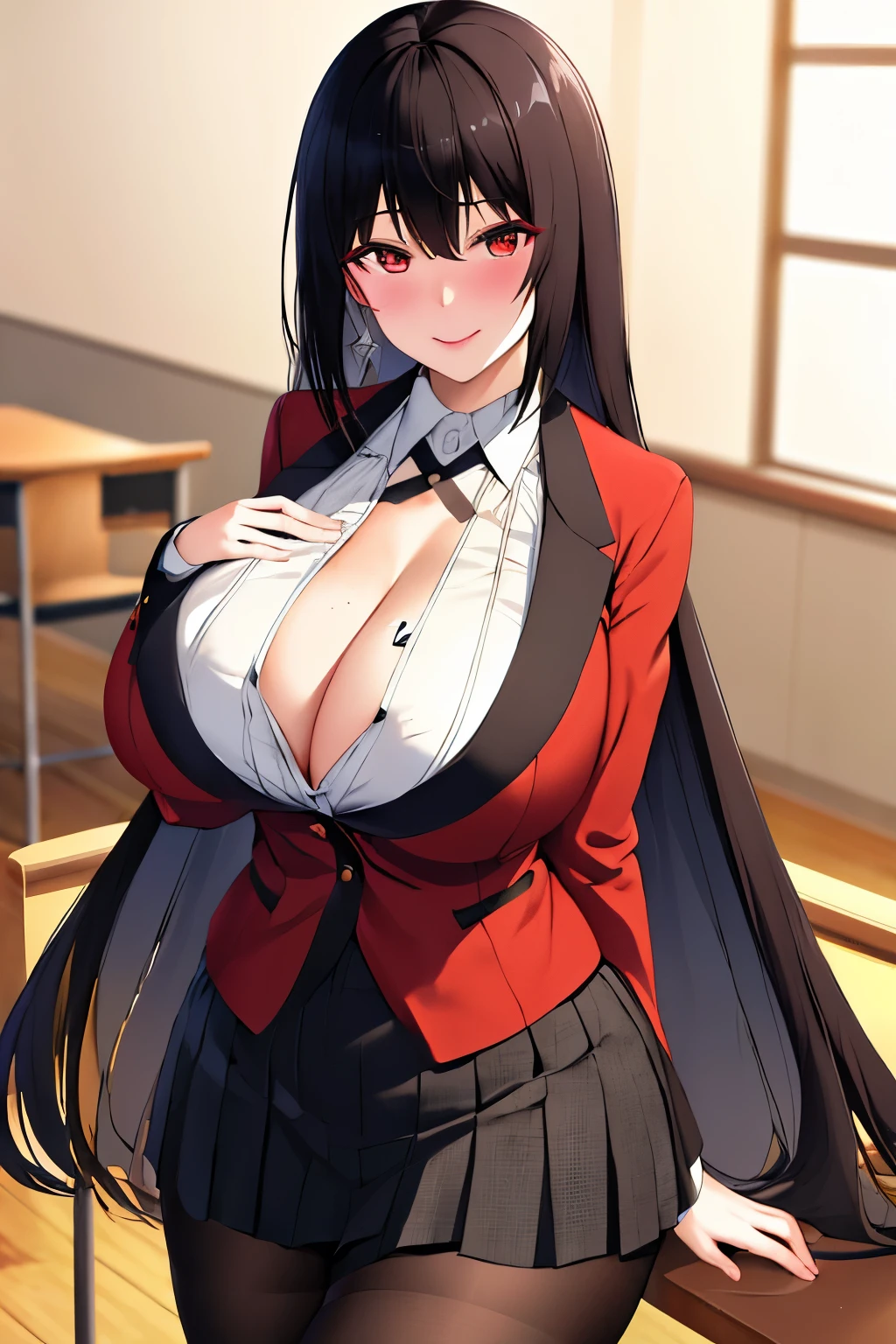 NSFW,(8K, RAW photo, highest quality, masterpiece: 1.2),HMJY1,long black hair,dull bangs, toothy smile,uniform,red jacket,black pantyhose,white shirt,(white bra:1.2),black ribbon,pleated skirt,long sleeve,cowboy shot,Shining eyes, classroom,(big breasts:1.5),(Lift up your skirt and show your panties)