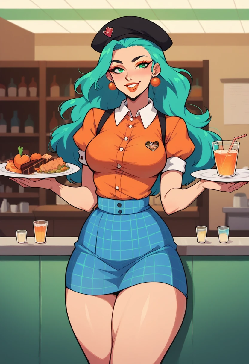  there is a woman who is holding a plate of food,Waitress costume  (blue plaid mini skirt , orange blouse, black beret),  thick thighs , smile,  blond hair,  green-eyed, makeup, lipstick, beautiful body, thin waist, highly detailed,  high quality, 8k,  vibrant colors ,  80s snack bar , 