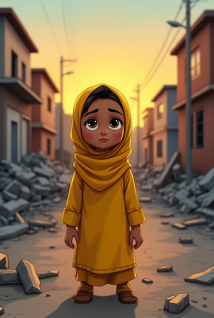 dynamic comic book style illustraition of, one wounded 10 years old arab girl crying, sitting on the ground and looking down, wearing a black abaya and hijab , an angry american commandos is punishing her, next to firing building, she is looking to a firing street of small village . her toys and dolls around her The buildings are collapse. Houses are on fire, and the streets are filled with debris. In the distance, more group of planes are DROPING BOMB. f-14 fighter, drones in sky, dramatic cloudy sky ,fogy night, fire and smoke and fog, , fire light on face, golden hour, dramatin light, green bronze and orange color paint style