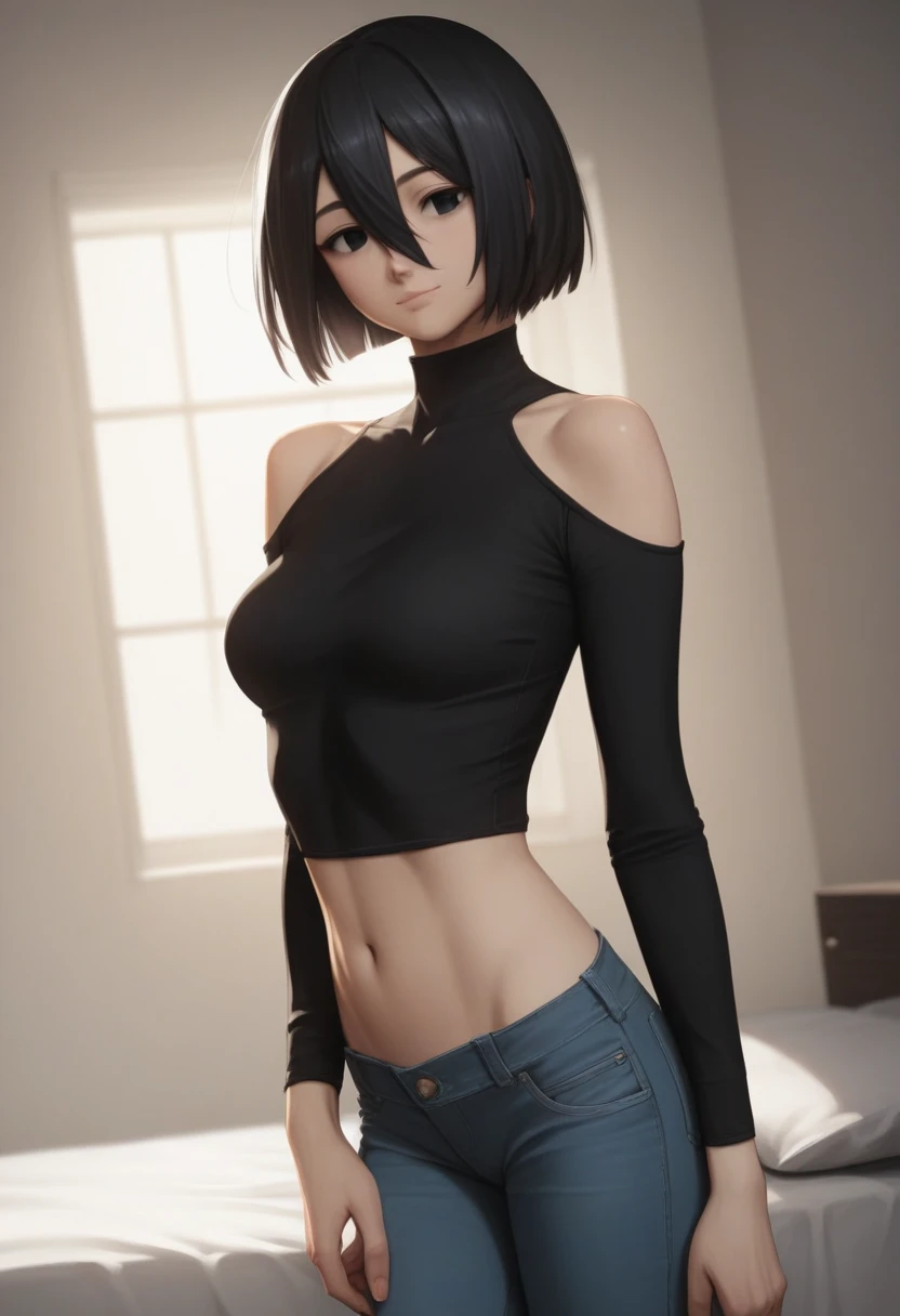 sauce_anime, ambient light, 
fsn_ubw_style, 1girl ,tall girl, straight hair ,bob cut hair, black hair, deep black eyes, hair between eyes, perfect eyes , Perfect face, expressive eyes, close up face:0.2 ,  
( black clothes),, detailed denim pants, (slender body), slim body,
indoors, bed, realistic bed room, Shrugging shoulders,
cowboy shot, looking at viewer, solo, dutch angle, light smile, medium breast, 