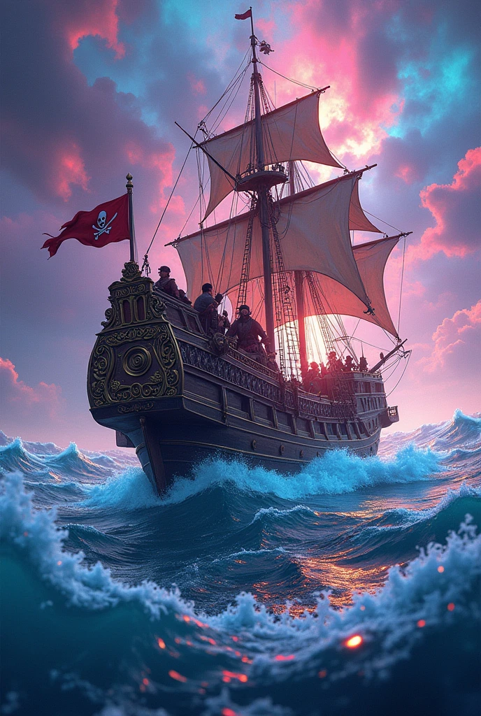 Large pirate ship, black wood, gold accents, red flag with a black skull with red eyes, black sails, sprawling ship bow, stormy ocean background, "One Piece-inspired anime features, drenched in dramatic and stunning lighting, dramatic lighting, infused with creative details, ultra-fine 2D design, scenery bathed in creativity, bathed in creativity, boasting HD anime resolution clarity, HD anime graphics, high-octane rendering"