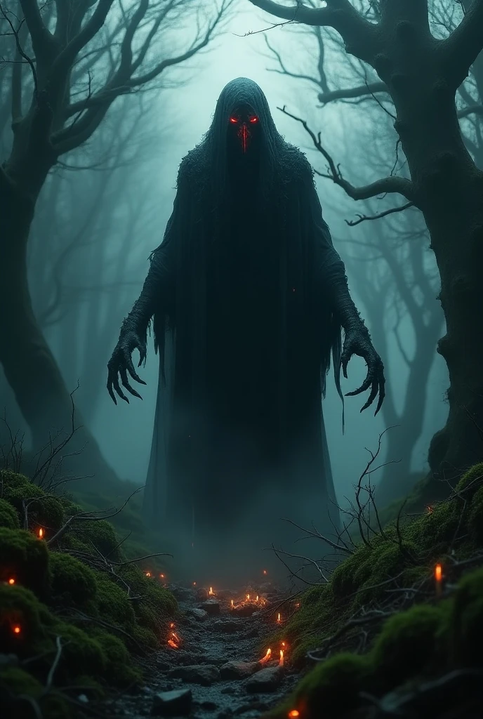 A creepy forest, creepy creature، ((the wendigo))