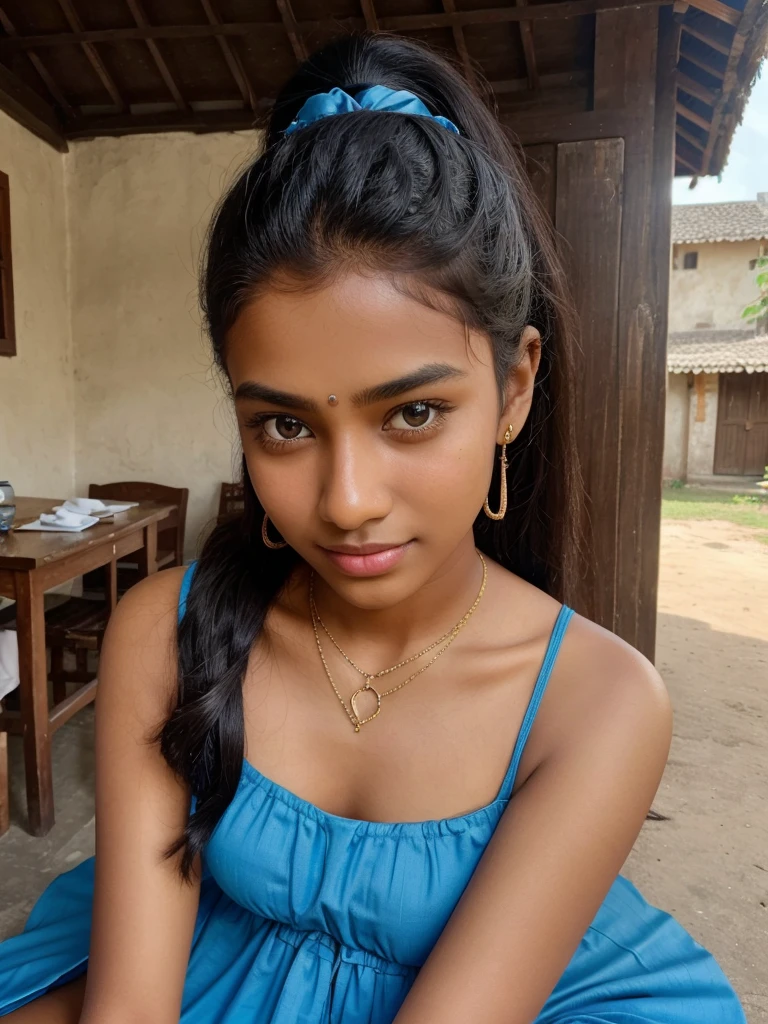 ((self-taken photo)), natural colors, ((selfie photo)), of a 16-year-old Sri Lankan woman named Priya, (dark long ponytail hair), dark fair skin, black eyes, feminine features, iPhone, mobile quality, mobile focus, tack smooth, Instagram filter, TikTok filter, detailed face, detailed eyes, oiled skin, profile picture, smiling, ((sitting inside a village)), ((blue dress, ladies jewelry)), natural lighting.