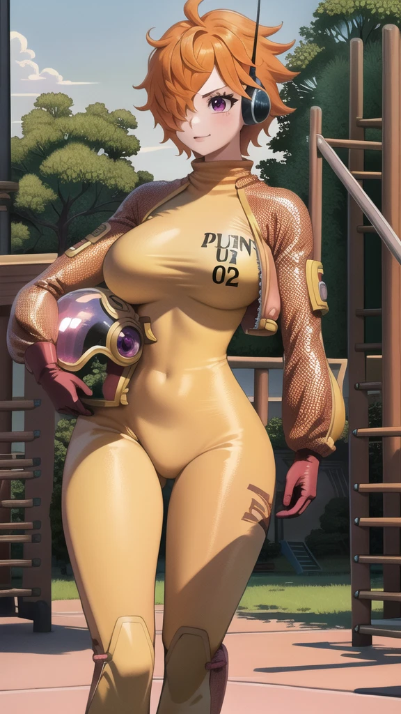 masterpiece, (( super detailed background ,  Delicate Patterns ,  complicated details)), ( very detailed on playground equipment,  Sex), Best Quality, Beautiful lighting, Big Breasts, (( Slim Girl )),  1 girl, vegapunk_lilith, jacket, headphones, bodysuit, (Bangs covering one eye), (( bright orange hair )),  purple eyes, (( pink bodysuit , Full Body Suit)), cowboy shot, Pink Beige Background,