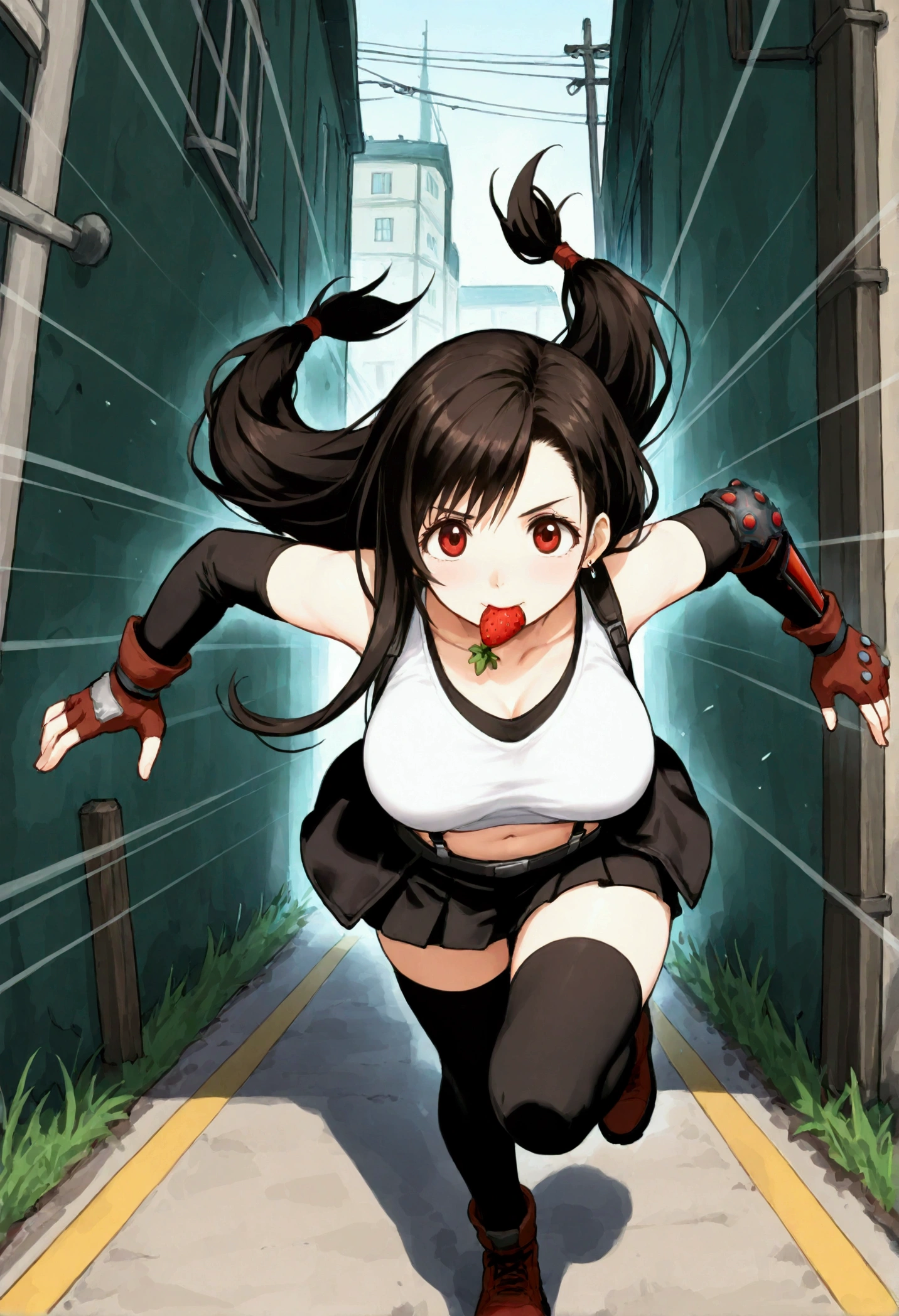 , (Masterpiece),(Best Quality),source anime,(ultra detailed),(Recent),official style,,BREAK  1girl, Tifa Lockhart, Final Fantasy,(beautiful). Black Hair, Long hair tied low, Red eyes, bangs, White tank top, belt, Pleated Skirt , Thigh length, Elbow fingerless gloves, Elbow pads, (abdomen,navel:0.9)  suspender skirt.zettai ryouiki,,(large_chest:1.2), (tareme:1.2),,BREAK  ,standing,  (standing on viewer:1.3),(dynamicangle,running, leaning forward with arms swinging.motionlines. burst effects),put a strawberry in her mouth, in alley at daytime,dynamicpose,,{tifa_lockhart,FF7}