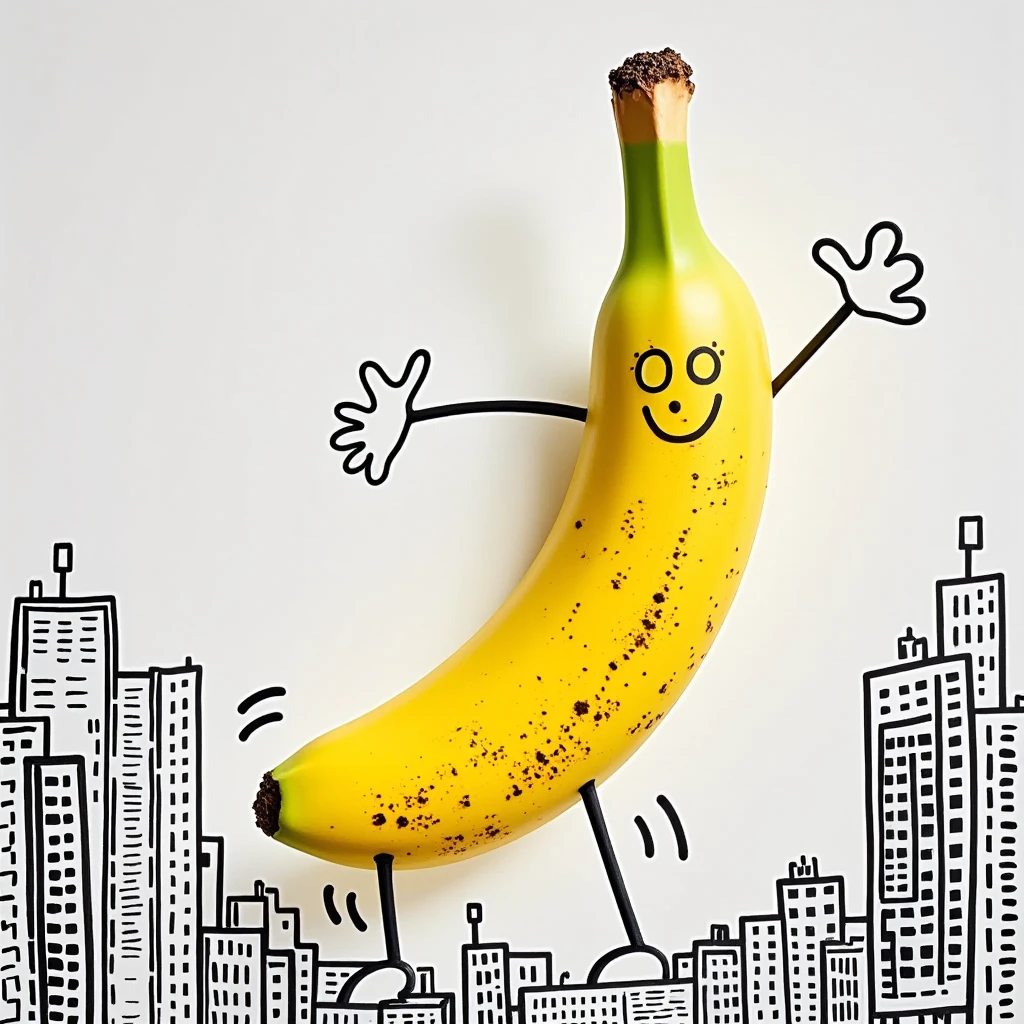 Banana, fresh, surface hand-drawn children's doodle facial expressions, hand-drawn outline edges children's doodle limbs, standing, making some playful actions, childlike, fun artwork, Keith Haring style, showcasing emotional expression, suspended, white background depicting a simple city street background