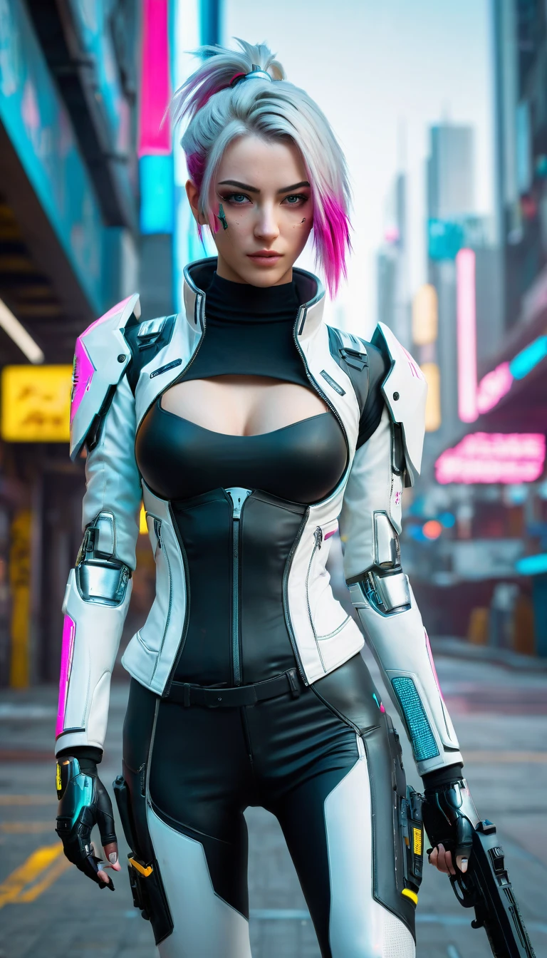 High definition photography, Hacker,  bright face color , Teenage girl,  pretty white, Beautiful breasts, cyberpunk 2077, Suit-futuristic, Cutting-edge, Modern Armor , openly, Tights,  Prosthetic-Sci-Space, Have a gun, Fight in the city