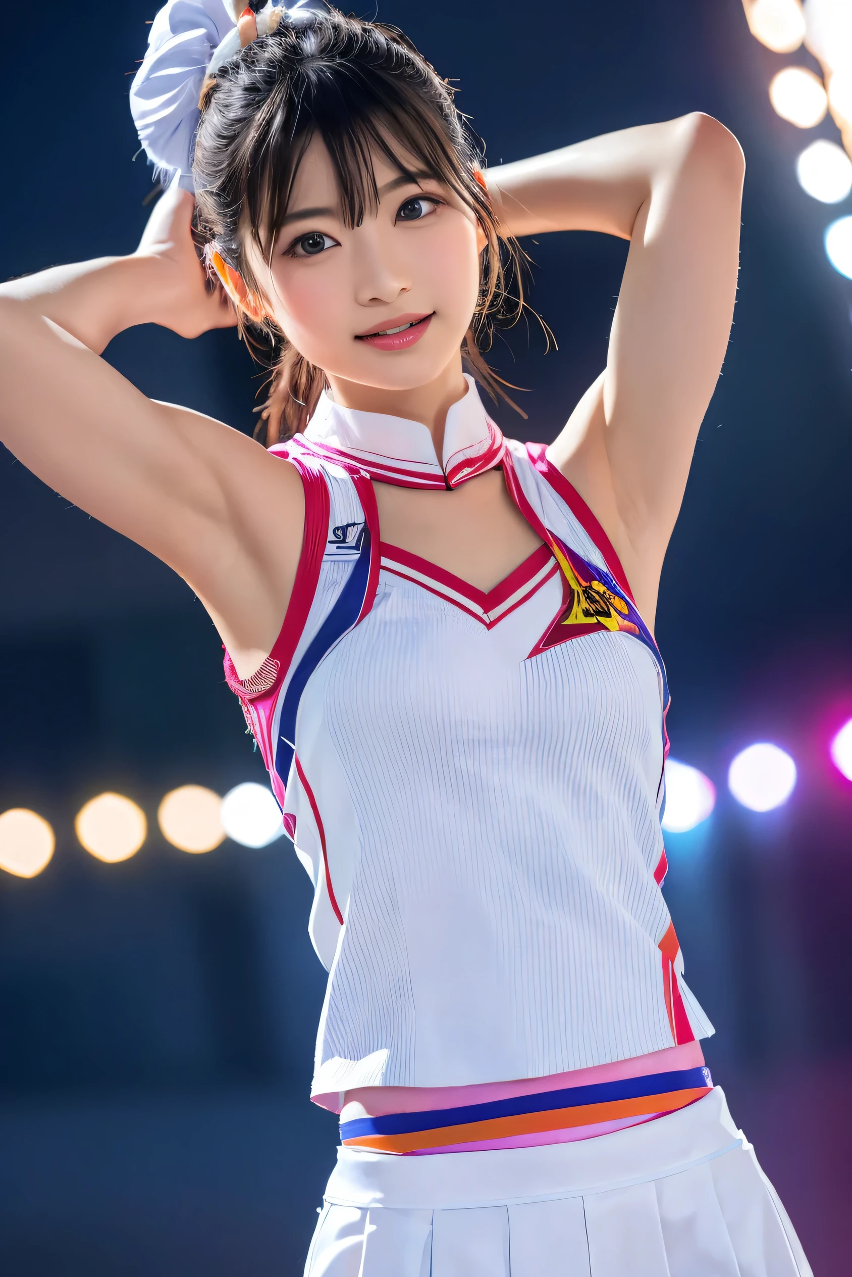 (8K、Raw photography、highest quality、masterpiece:1.2),(black haired、very short hair:1.8),show viewer,Looking at the front,erotic,(super sentai series、She is wearing a costume from the PreCure series..:1.8)、(Clothing that emphasizes the shape of your chest:1.2)、(big breasts :1.3)、slim body shape、ultra high resolution,beautiful,beautiful fece,(alone, alone、no background:1.9),whole bodyボディー,、(black eye、japanese woman: 1.3),(Photoreal:1.37)、photon mapping,reality、(Cute with a baby face: 1.1)、(cute smile: 1.7)、(With a round face: 1.8)、radio city、Physically based rendering、depth of field rally background、photograph, (I can see your knees,close up of thighs、skirt is too short、spread your legs、showing off white panties:1.4),whole body、super fine