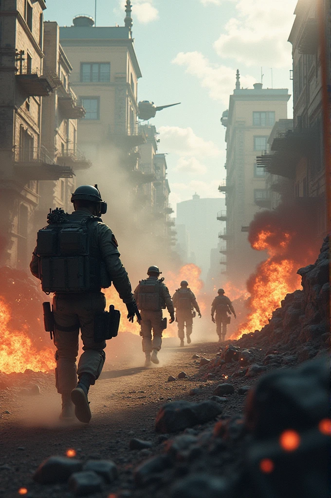The background becomes a battlefield full of gunfire