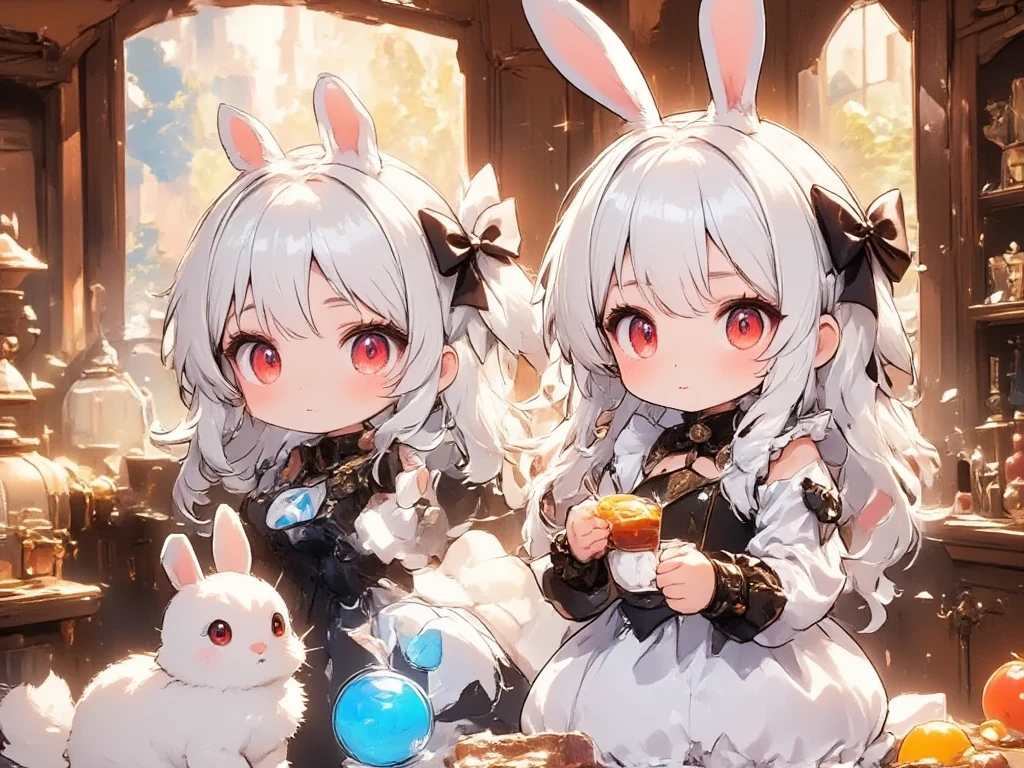 Three Girls:2.0,(Chibi,cute, smaller, pink hair ,Blue Hair,Blonde, very long hair ,bangs,(Fluffy white rabbit),Bunny ears,Red eyes,Big Eyes, beautiful sparkling eyes , white skin,Big hair ribbon, pink ruffle dress, Blue Frilled Dress ,yellow ruffle dress ,Chest,Full body image),Fairy tale background,(Scenery of 3 people being good friends ,Smiling Face),High quality anime drawings