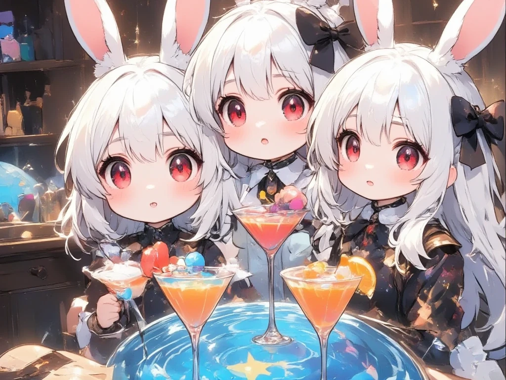 Three Girls:2.0,(Chibi,cute, smaller, pink hair ,Blue Hair,Blonde, very long hair ,bangs,(Fluffy white rabbit),Bunny ears,Red eyes,Big Eyes, beautiful sparkling eyes , white skin,Big hair ribbon, pink ruffle dress, Blue Frilled Dress ,yellow ruffle dress ,Chest,Full body image),Fairy tale background,(Scenery of 3 people being good friends ,Smiling Face),High quality anime drawings