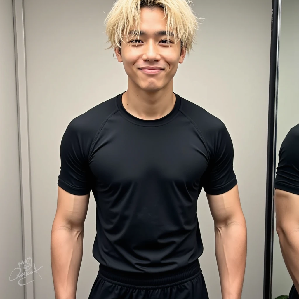 Japanese high school boy、16 years old、Well-developed muscles and smooth skin、Pale blonde hair, spiky like Bakugou、Light grey boxer briefs、The whole body is visible from toes to head、Fist pump in the bathroom、Hero Academy、He laughed fearlessly, showing his teeth.