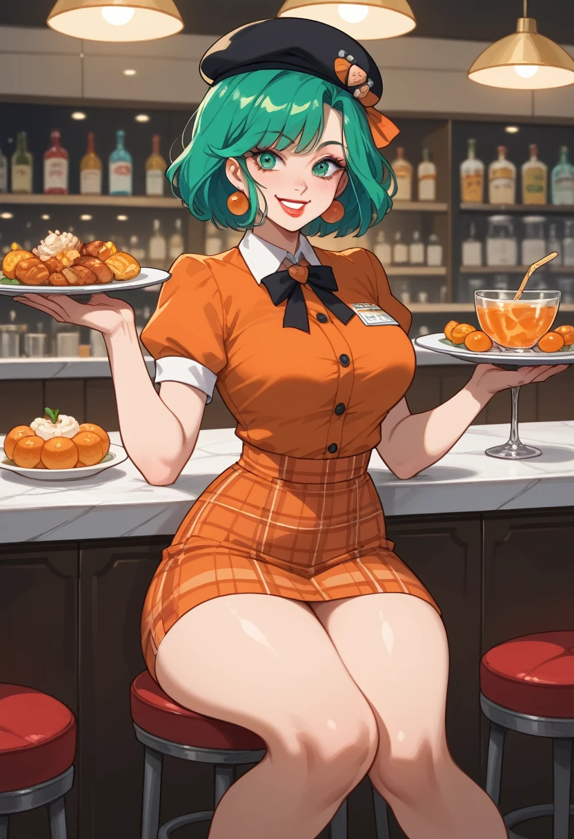  there is a woman who is holding a plate of food,Waitress costume  (blue plaid mini skirt , orange blouse, black beret),  thick thighs , Knees, Legs cross , smile, green hair,  green-eyed, makeup, lipstick, beautiful body, thin waist, highly detailed,  high quality, 8k,  vibrant colors ,  80s snack bar , 