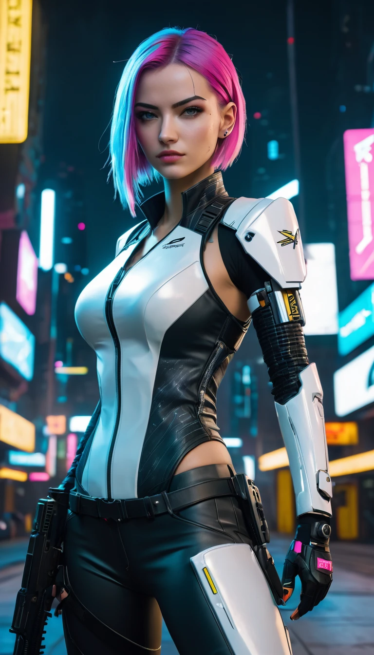 High definition photography, Hacker,  bright face color ,  girl,  pretty white, Beautiful breasts, cyberpunk 2077, Suit-futuristic, Cutting-edge, Modern Armor , openly, Tights,  Prosthetic-Sci-Space, Have a gun, Fight in the city