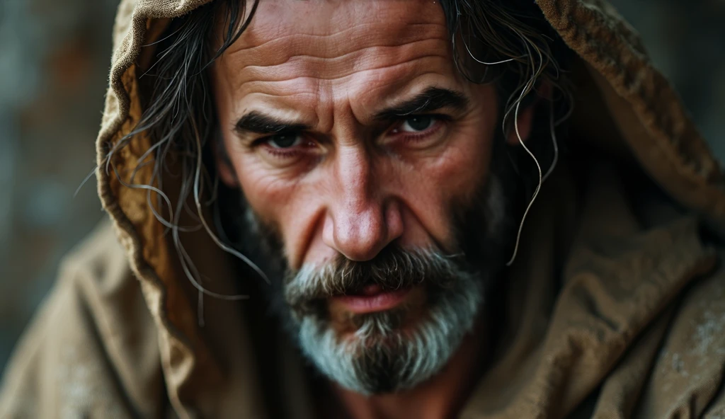 blind arafed man, with beard and a beggar's cape standing near the city, 8k film still, by Etienne Delessert, gray beard, film still 8k, gray hair and beard, gray beard, short white beard, by Matija Jama, portrait 8k render, portrait shot 8k, sturdy beard, the city of Jericho behind him