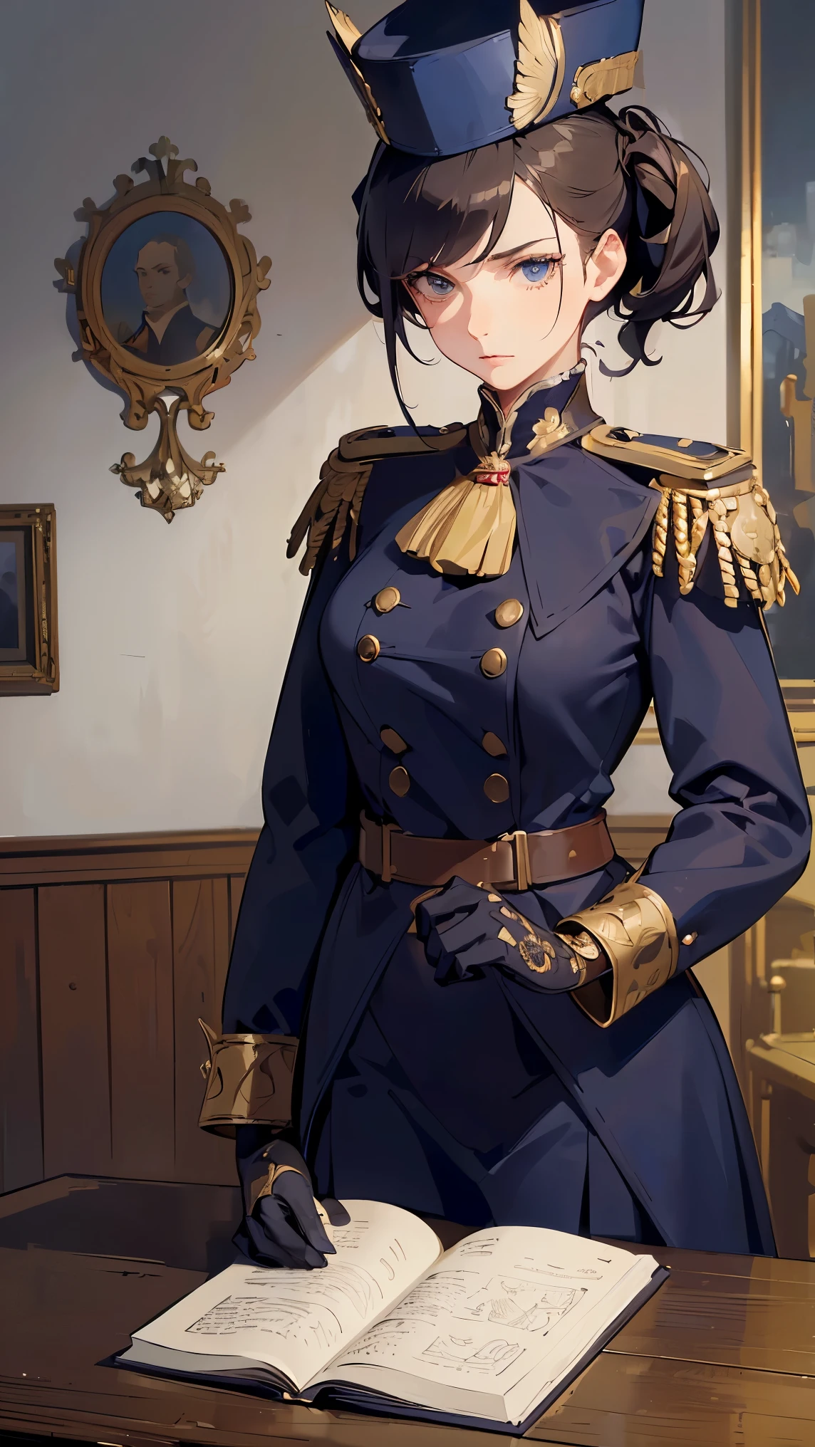 (((Best quality, 8k, Masterpiece: 1.3)), ((best quality)), ((masterpiece)), (detailed), perfect face, perfect body, (detailed skin:1.3), (intricate details), A woman in her twenties wears a military uniform inspired by Napoleon-era design. She has a commanding presence, with a tailored navy blue coat adorned with gold embroidery and brass buttons, along with epaulettes on her shoulders. She wears a tall, bicorne hat angled on her head, enhancing the historical feel. Her expression is serious and focused, and she stands with her hands clasped behind her back, exuding confidence and authority. In the background, there is a dimly lit room with old maps and a large wooden table, adding to the historical and regal atmosphere.