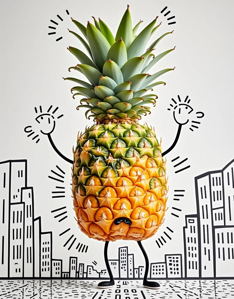 a fresh pineapple，Surface hand drawn stick figure facial expression ， outline edge hand drawn stick figure limbs ，Standing， Make some funny moves ，Innocence，Funny painting ， Keith Haring style ， Show emotional expression ，Dangling， on a white background depicting a stick figure of a city street background