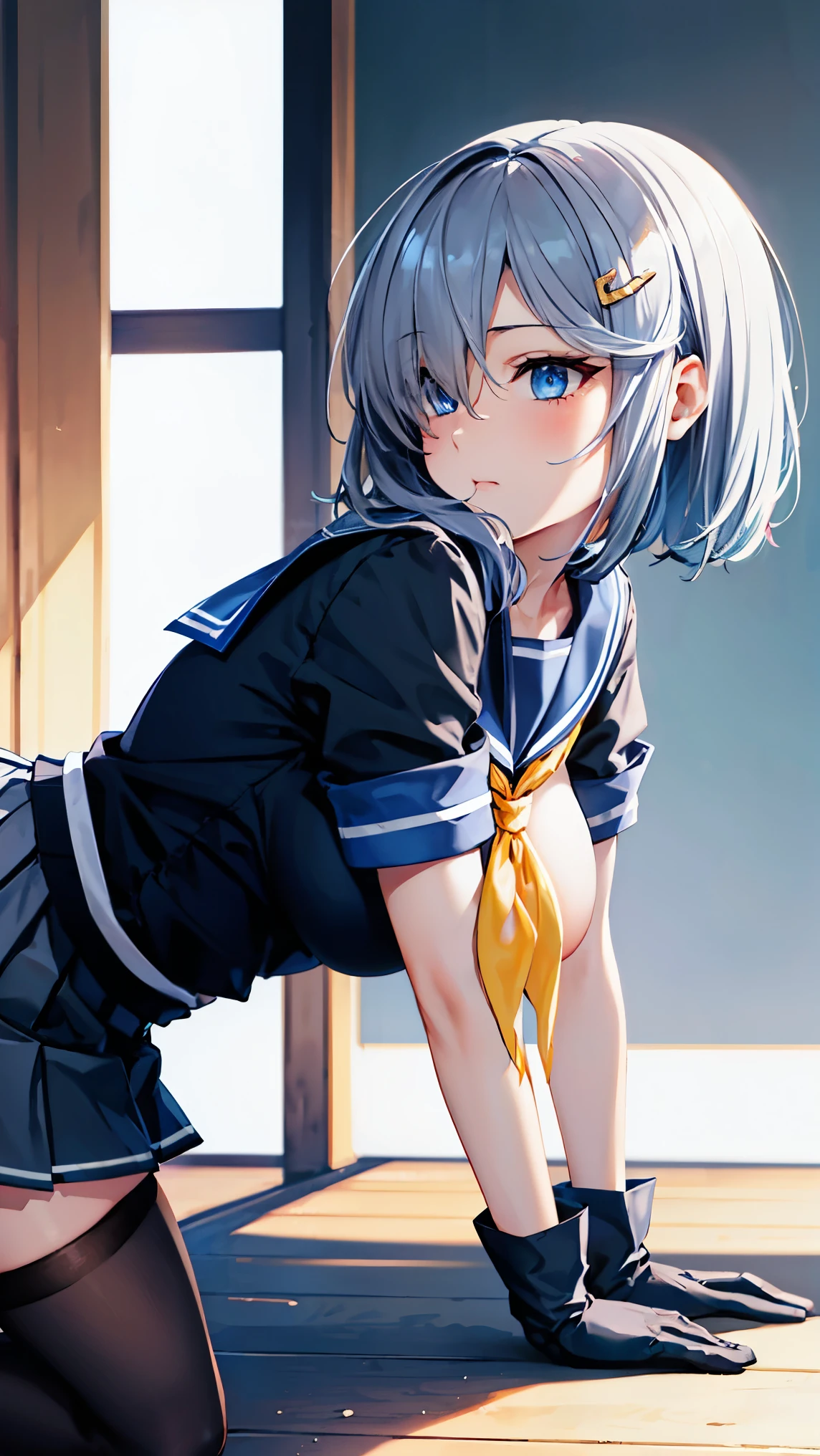 8k high resolution (Super detailed), masterpiece, (Best Quality)　 anime illustration　 detailed eyes on board,  detailed face　 detailed hands　Fine hair　 very elaborate body、 fine skin 　 1 girl　 fleet this_Sea Breeze　 blue eyes、Grey Hair、Hair above one eye、Short Hair　 black pantyhose、gloves、grey sailor collar 、Grey Skirt、 hair clip that invites you with your hand、 pleated skirt、uniform　 short skirt 、白gloves、 yellow neckerchief　(Big Breasts)　Breasts drawn by gravity 　( is on all fours)　corridor　 clear body contours　 composition seen from the side 