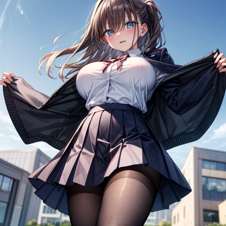 ((Best Quality)), ((masterpiece)), (  Details), ( ultra high resolution)、maegamichan、solo、
 blue eyes、Brown Hair、Hair above the eyes、
blazers、 jacket、 pantyhose、Check pattern、Check patternskirt、プリーツskirt、Student Uniform、skirt、 knee socks、uniform、Best、 big big breasts、
Focus on 、From below、to close range、( strong winds are blowing 、風でskirtが大きく持ち上がる、(( pantyhose越しのパンティが見える)))、( close up on crotch looking up from directly below 1. 3 )、
surprised、blush、 open your mouth 、
The skirt lifts a lot in the schoolyard 、８k、