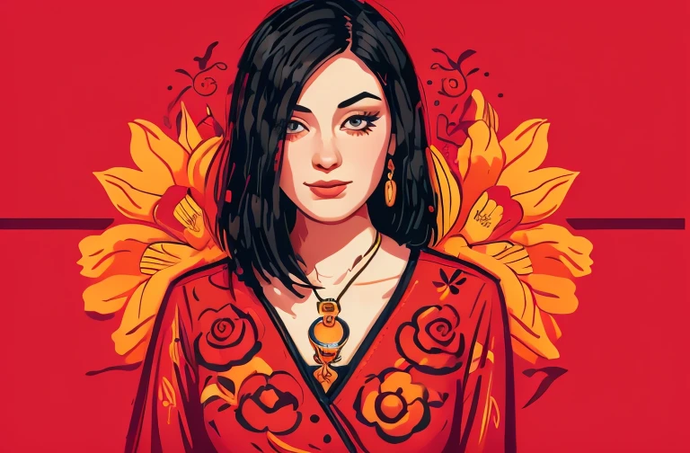 Highly detailed and stylized digital illustration featuring a woman with long, flowing black hair adorned with intricate floral and geometric elements. The layout is vertical, with the subject positioned in a three-quarter profile view, looking to the left. Her facial features are delicate, with fair skin, large expressive eyes, and a calm expression. The artwork incorporates a mix of traditional and modern elements, including vibrant red and orange flowers, ornate patterns, and abstract shapes. The woman's attire is detailed with elaborate designs, and she has a prominent tattoo on her upper arm. The background is a blend of black, white, and red splashes, adding depth and contrast to the composition.

