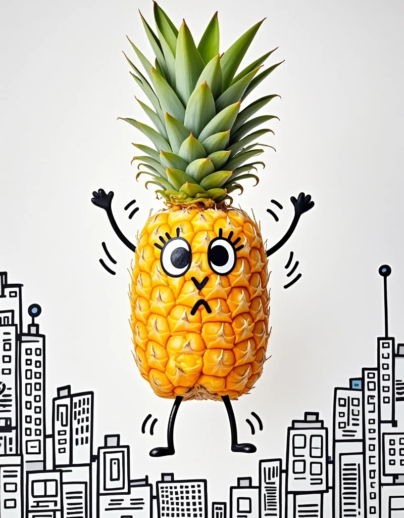 a fresh pineapple，Surface hand drawn stick figure facial expression ， outline edge hand drawn stick figure limbs ，Standing， Make some funny moves ，Innocence，Funny painting ， Keith Haring style ， Show emotional expression ，Dangling， on a white background depicting a stick figure of a city street background