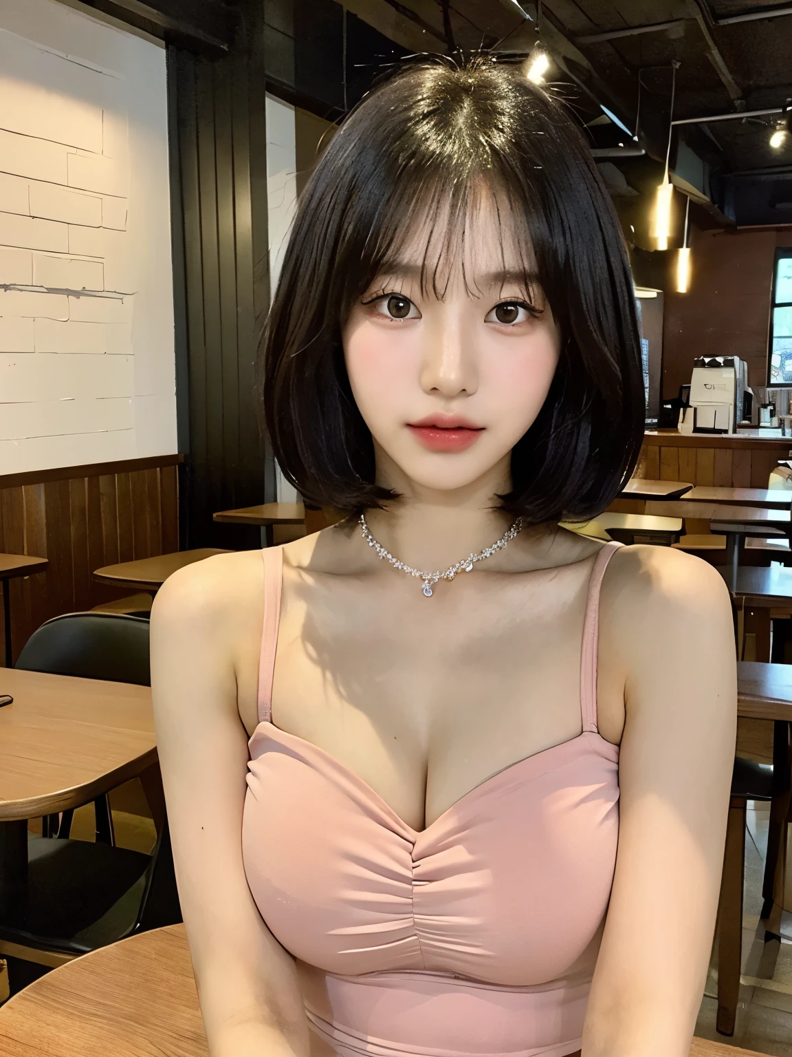 ((Best quality, 8k, Masterpiece :1.3)), whole body, Sharp focus:1.2, Beautiful Korean woman in her 20s with perfect figure :1.4, Slender abs, slender thigh :1.1, ((short hair, bangs, layered haircut, large breasts :1.2)), (Young woman with long dark hair, wearing a light pink halter top and white skirt, seated at a wooden table in a cafe, three-quarter view, facing the viewer, soft lighting, slightly warm color palette, photorealistic style, (detailed skin texture:1.2), shallow depth of field), Highly detailed face and skin texture, Detailed eyes, Double eyelid