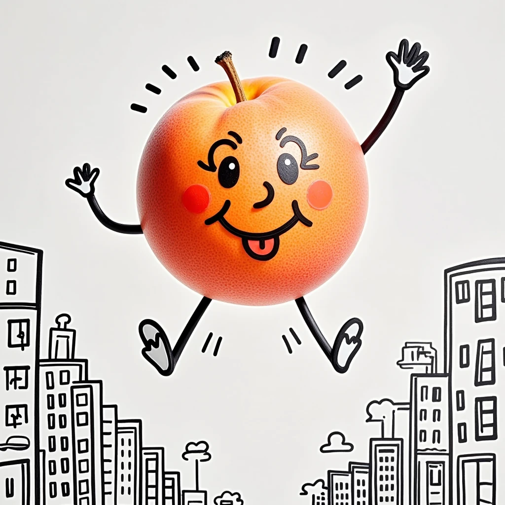 peach, fresh, surface hand-drawn children's doodle facial expressions, hand-drawn outline edges children's doodle limbs, standing, making some playful actions, childlike, fun artwork, Keith Haring style, showcasing emotional expression, suspended, white background depicting a simple city street background