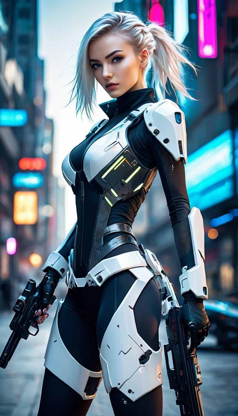 High definition photography, Hacker,  bright face color ,  girl,  pretty white, Beautiful breasts, cyberpunk, Suit-futuristic, Cutting-edge, Modern Armor , openly, Tights,  Prosthetic-Sci-Space, Have a gun, Fight in the city