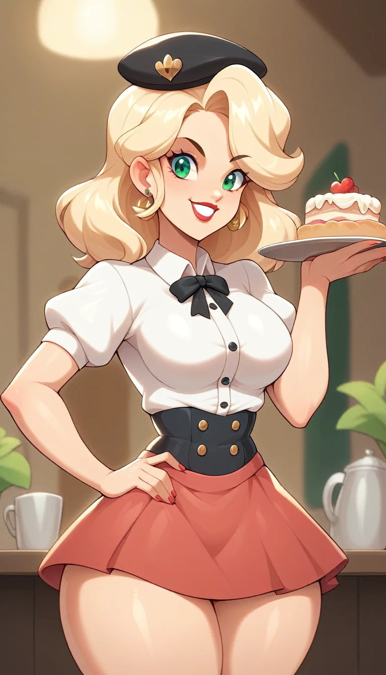  there is a woman who is holding a plate of food,Waitress costume  ( red mini skirt , white blouse, black beret),  thick thighs , smile,  blond hair,  green-eyed, makeup, lipstick, beautiful body, thin waist, vista inferior, highly detailed,  high quality, 8k,  vibrant colors ,  80s snack bar , 