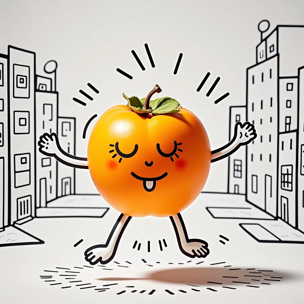 persimmon, fresh, surface hand-drawn children's doodle facial expressions, hand-drawn outline edges children's doodle limbs, standing, making some playful actions, childlike, fun artwork, Keith Haring style, showcasing emotional expression, suspended, white background depicting a simple city street background