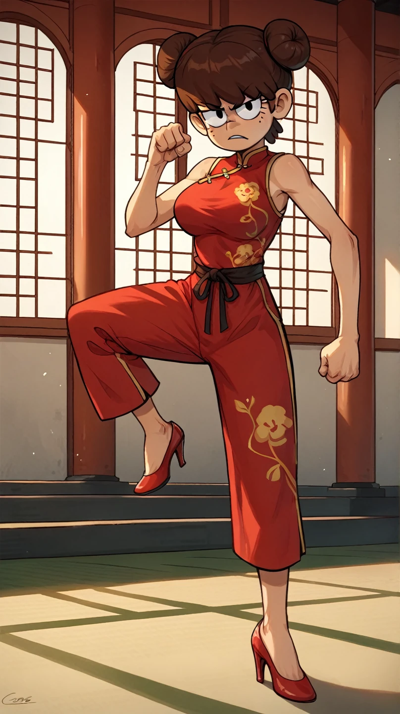 Lynn Loud, 1girl, solo, 24yo girl, large breasts, red cheongsam, inside of a chinese temple, looking at viewer, brown hair, two hair buns, hands score_9, score_8_up, score_7_up,high heels, teep fighting stance,martial arts