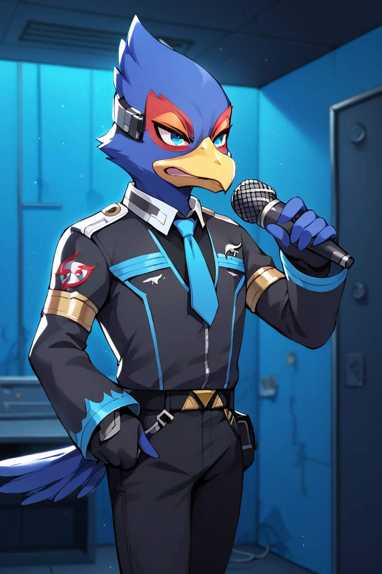 score_9, score_8_up, score_7_up, score_6_up, 1boy, solo, (Falco lombardi), inside spaceship, beckoning, straight on, high resolution, Fine facial expression, high resolution, light blue eyes, angry expression, turning sideways, black gloves, black choker, [black background with blue lines costume], (black uniform), (blue tie), black clothes, black pants, holding microphone, blue room, black room, Dark room, concrete room,