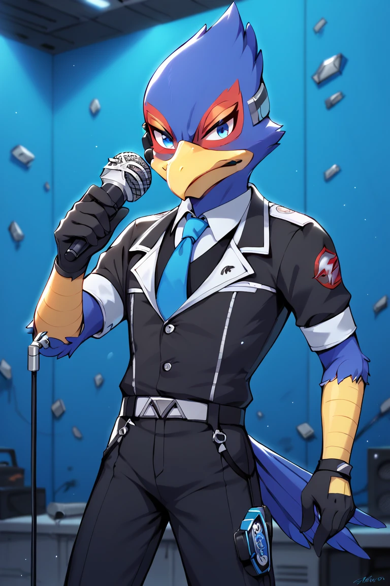 score_9, score_8_up, score_7_up, score_6_up, 1boy, solo, (Falco lombardi), inside spaceship, beckoning, straight on, high resolution, Fine facial expression, high resolution, light blue eyes, angry expression, turning sideways, black gloves, black choker, [black background with blue lines costume], (black uniform), (blue tie), black clothes, black pants, holding microphone, blue room, black room, Dark room, concrete room,