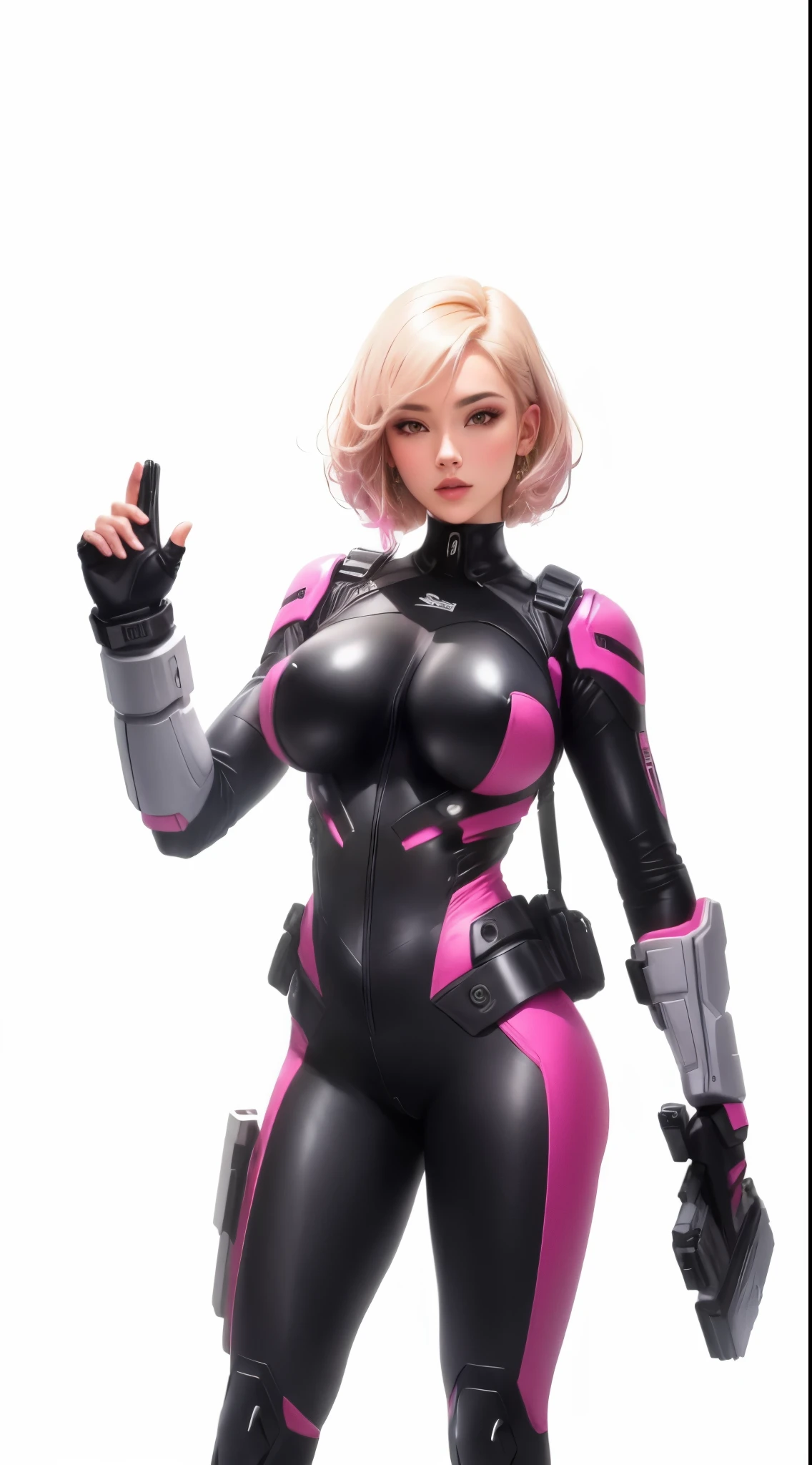 Big boobs, thick thighs, tight black suit and pink details