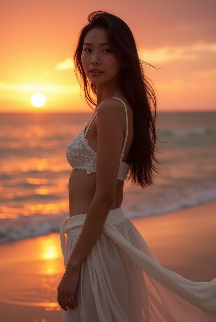 beautiful asian girl, sexy girl, detailed face, ultra detailed, hot body, (best quality, 8k, 32k, perfect body, ultra detailed body), beach, sunset, smiling, floral knotted split midi dress, looking at sun, photorealistic, high resolution, detailed skin, intricate details, warm lighting, vibrant colors, cinematic lighting, glowing skin, natural lighting, soft focus, depth of field, golden hour, detailed jewelry, flowing dress, windblown hair, elegant pose, serene expression, beautiful scenery, tropical paradise, beach sunset, stunning beauty, radiant skin, alluring gaze, graceful figure, captivating portrait
