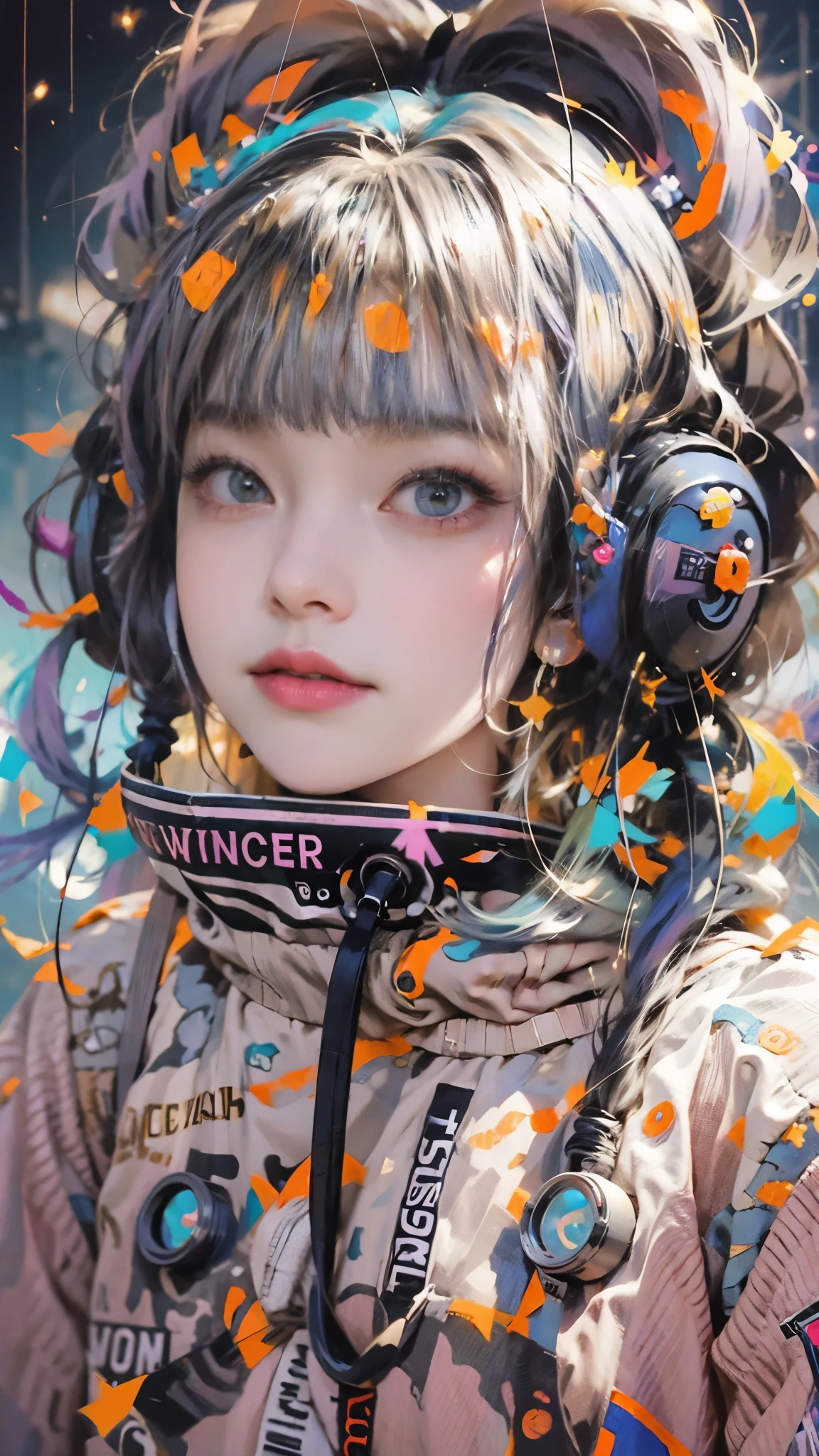 hair bobbles, wince, long eyelashes, solid circle eyes, light smile, ear blush, fang, (((rainbow hair))), makeup, blush, sad, sad smile, drop shadow, anaglyph, atmospheric perspective, 8k, super detail, accurate, best quality, (cyberpunk), bright lighting, masterpiece,1girll, ((((short twintails)))), Colorful hair, flying, pink bows,((-yeld fee model)), (angel halo) , eye level shot, (((astronaut))), (((cowboy shot))), ((((( color splash ))))), (((tech savy))), headphone