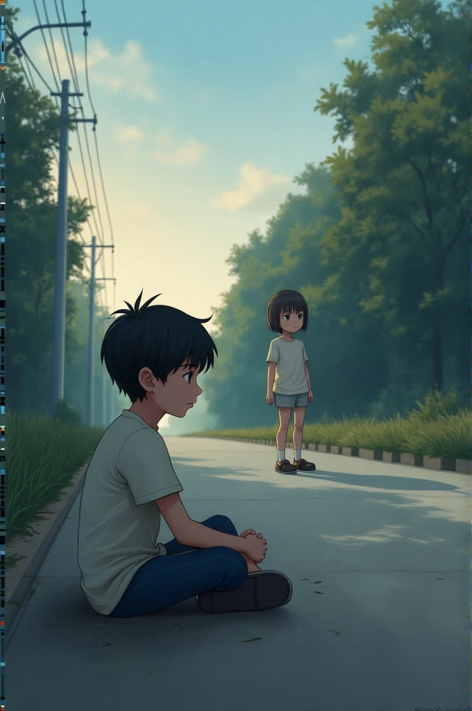 A boy siting on the floor but girl standing some away on road
