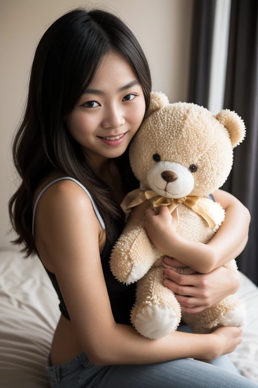 
Photographed with: Close-Up Shot, Shallow Depth of Field, Soft Lighting
A asian girl (js) wearing a light-colored , sabina s and matching bottom is hugging a large, plush teddy bear, smiling softly at the camera. Her arm wraps around the teddy bear in a warm, affectionate pose, creating a cozy and intimate atmosphere. The shallow depth of field blurs the background slightly, drawing focus to her face and the bear. The backdrop features soft, pastel tones with simple line-art decor, complementing the gentle and relaxed mood of the image. Soft lighting highlights her natural expression and the fluffy texture of the teddy bear.