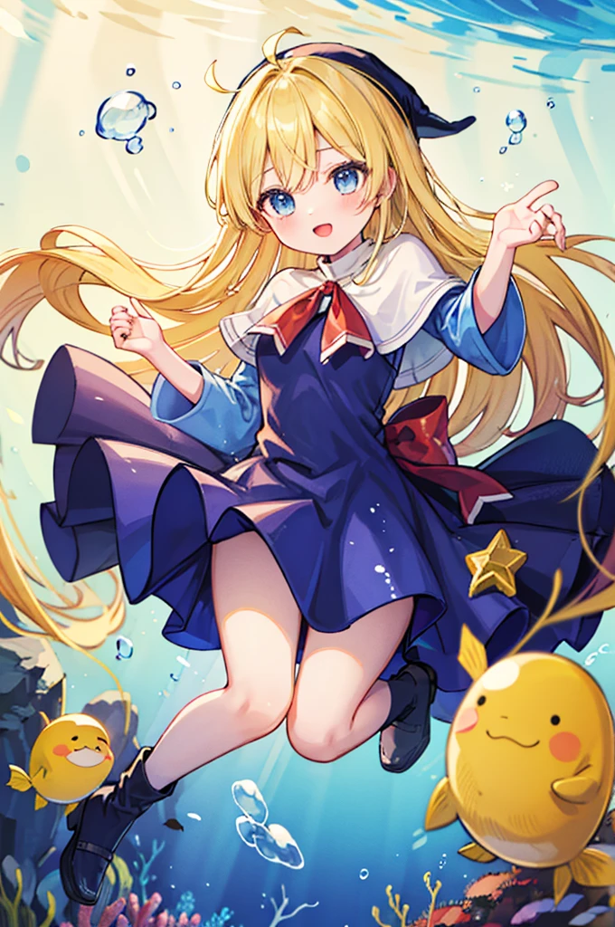 (8k,  super quality, masterpiece:1.2),  ultra high resolution,  imaginary, cute,  girl, solo, whole body, Puyo Puyo's witch, Blonde, Blue Eyes , blue headwear ,  blue based robe,  red ribbon,  White Capelet , Ahoge,  long skirt , In the sea, Underwater theme , Undersea exploration, fish, star, Floating,  like a , Bright smile,  innocent face ,  open your mouth, bubble,  full light, Looks fun, float, 