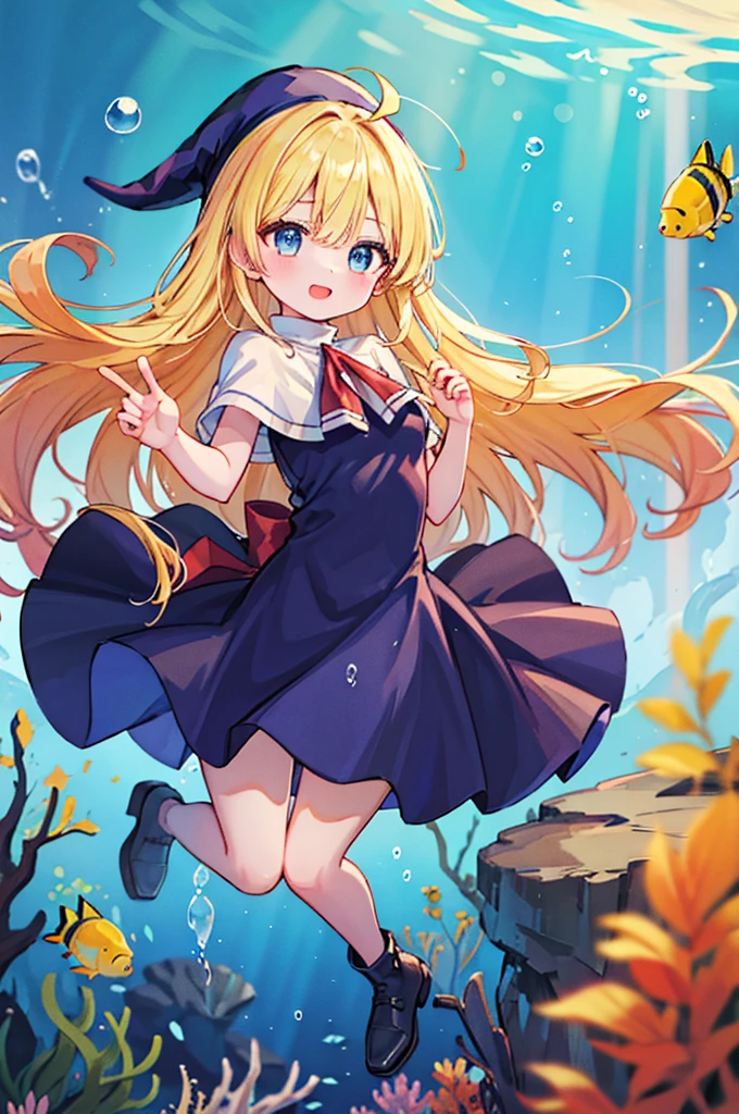 (8k,  super quality, masterpiece:1.2),  ultra high resolution,  imaginary, cute,  girl, solo, whole body, Puyo Puyo's witch, Blonde, Blue Eyes , blue headwear ,  blue based robe,  red ribbon,  White Capelet , Ahoge,  long skirt , In the sea, Underwater theme , Undersea exploration, fish, star, Floating,  like a , Bright smile,  innocent face ,  open your mouth, bubble,  full light, Looks fun, float, 