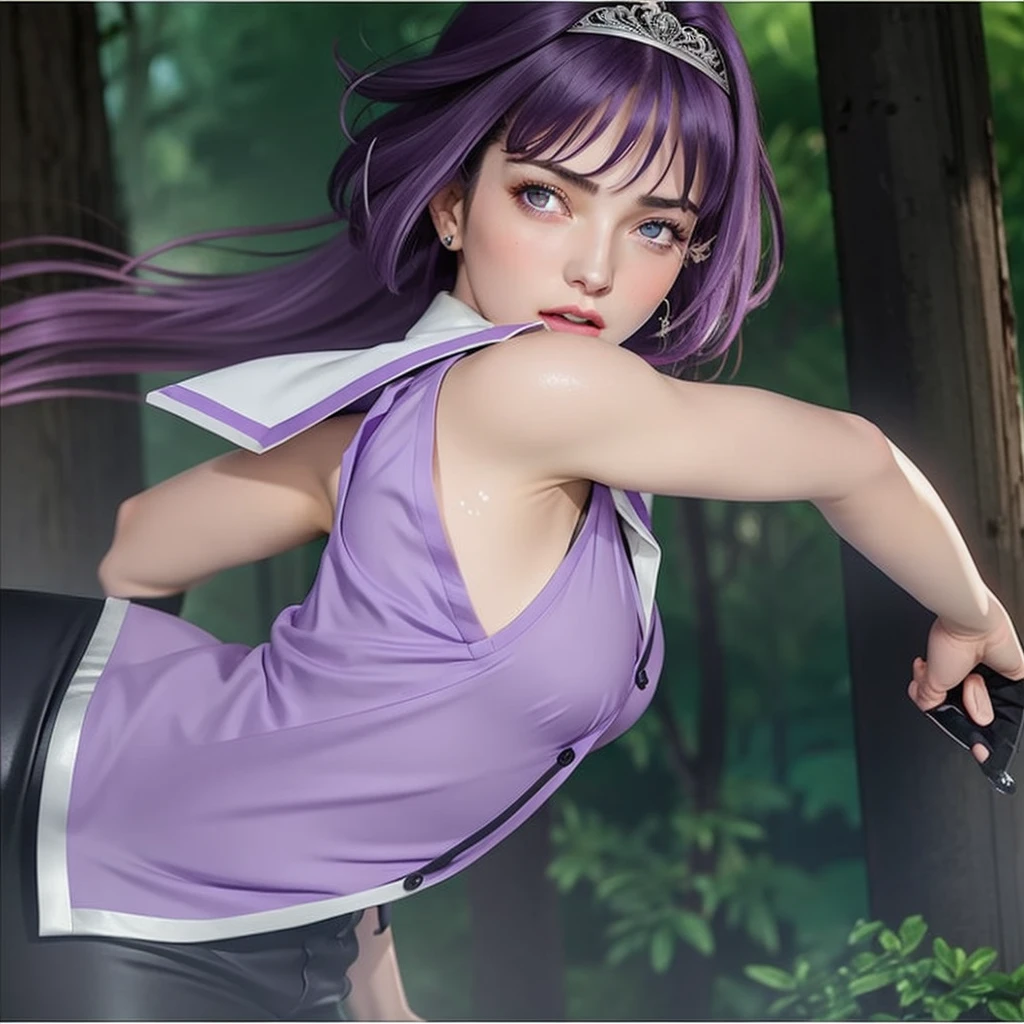 realistic, masterpiece, cinematic lighting, 8K, real life, real image details, intricate details, perfect color details, high brightness, medium contrast, hair shape details, eye image details, face shape details, real shining skin, a beautiful girl, 12 years old, long purple hair, middle bangs hair type, very neat hair shape, oval face shape, face blush, thin purple eyebrows, purple eyes, pink lips, open mouth, sighing expression, short purple collared sleeveless shirt, open buttoned shirt, sexy body, wet body, showing big chest, nipple, arms smooth upwards, smooth armpits, 5 perfect fingers, black shorts