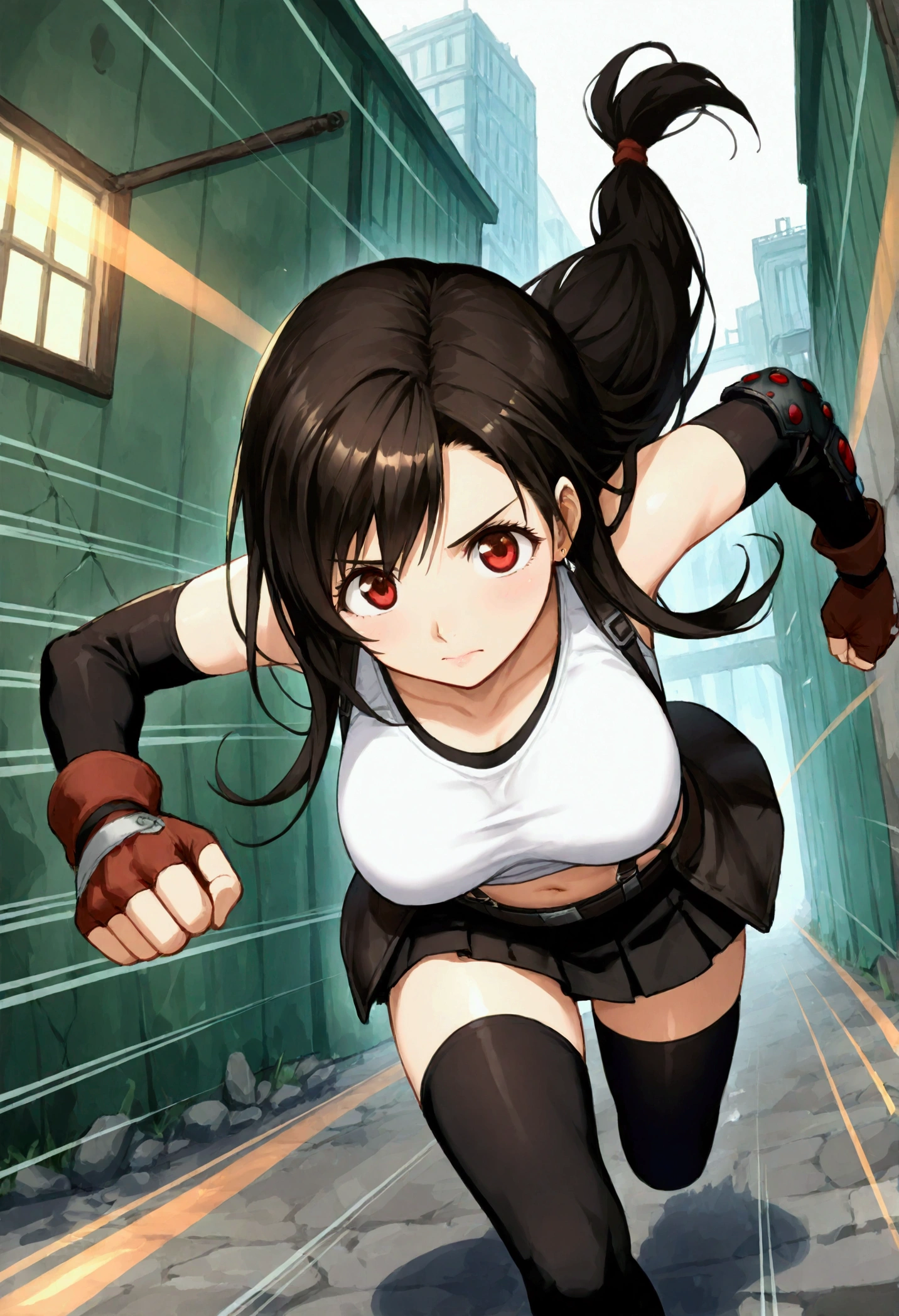 , (Masterpiece),(Best Quality),source anime,(ultra detailed),(Recent),official style,,BREAK  1girl, Tifa Lockhart, Final Fantasy,(beautiful). Black Hair, Long hair tied low, Red eyes, bangs, White tank top, belt, Pleated Skirt , Thigh length, Elbow fingerless gloves, Elbow pads, (abdomen,navel:0.9)  suspender skirt.zettai ryouiki,,(large_chest:1.2), (tareme:1.2),,BREAK  ,standing,  (standing on viewer:1.3),(dynamicangle,running, leaning forward with arms swinging.motionlines. burst effects),punching,, in alley at daytime,dynamicpose,,{tifa_lockhart,FF7}