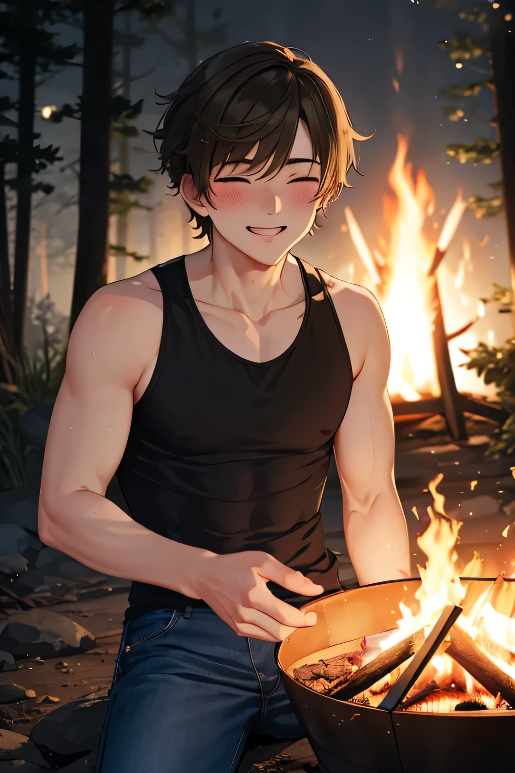 Masterpiece, Best Quality, Hi-Res, source_anime, (good_hands:0.9) , 1man, eyes closed, brown short hair, black tanktop, blue jeans, sit, High Contrast Glossy Oily Skin, campsite, campfire, night, blushing, smile, dramatic shadows, cinematic lighting, (light particles:1.3)