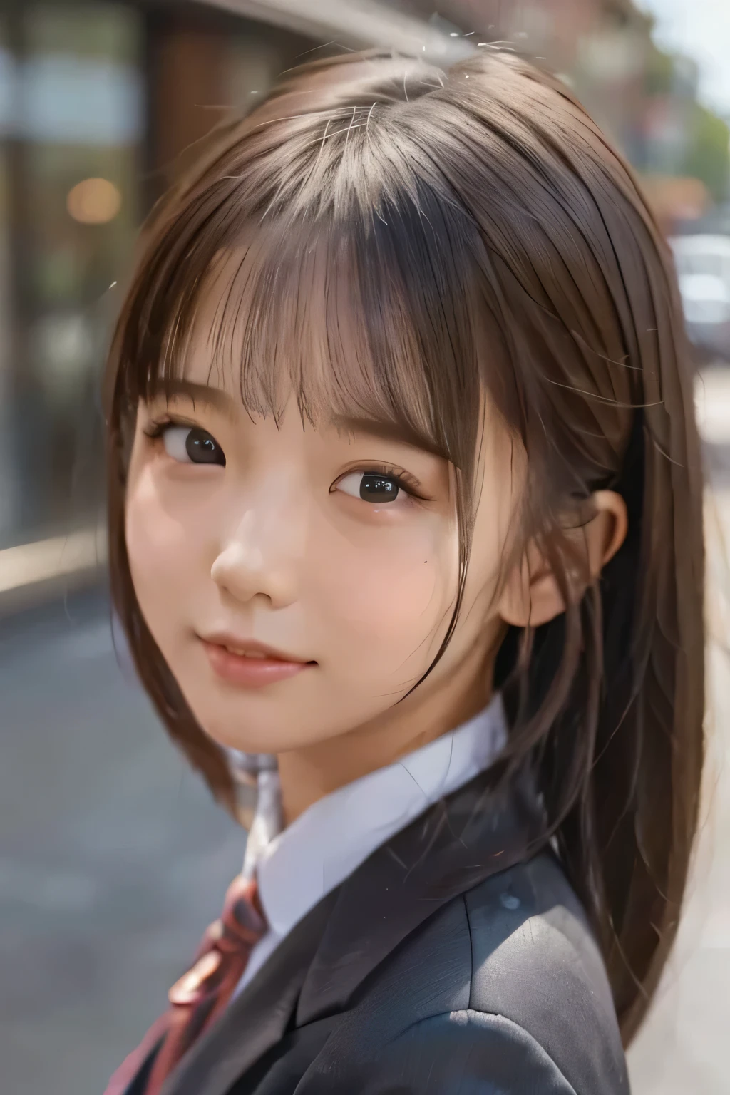 (Foreground and background emphasis composition)、(masterpiece、Best Quality、 Super detailed description、 ultra high resolution)、(Face Shot)、 girl、solo、slim、 slender、cute、 idol face、( hair fluttering like the wind:1.4)、(Night view:1.3)、rooftop、school uniformを着て