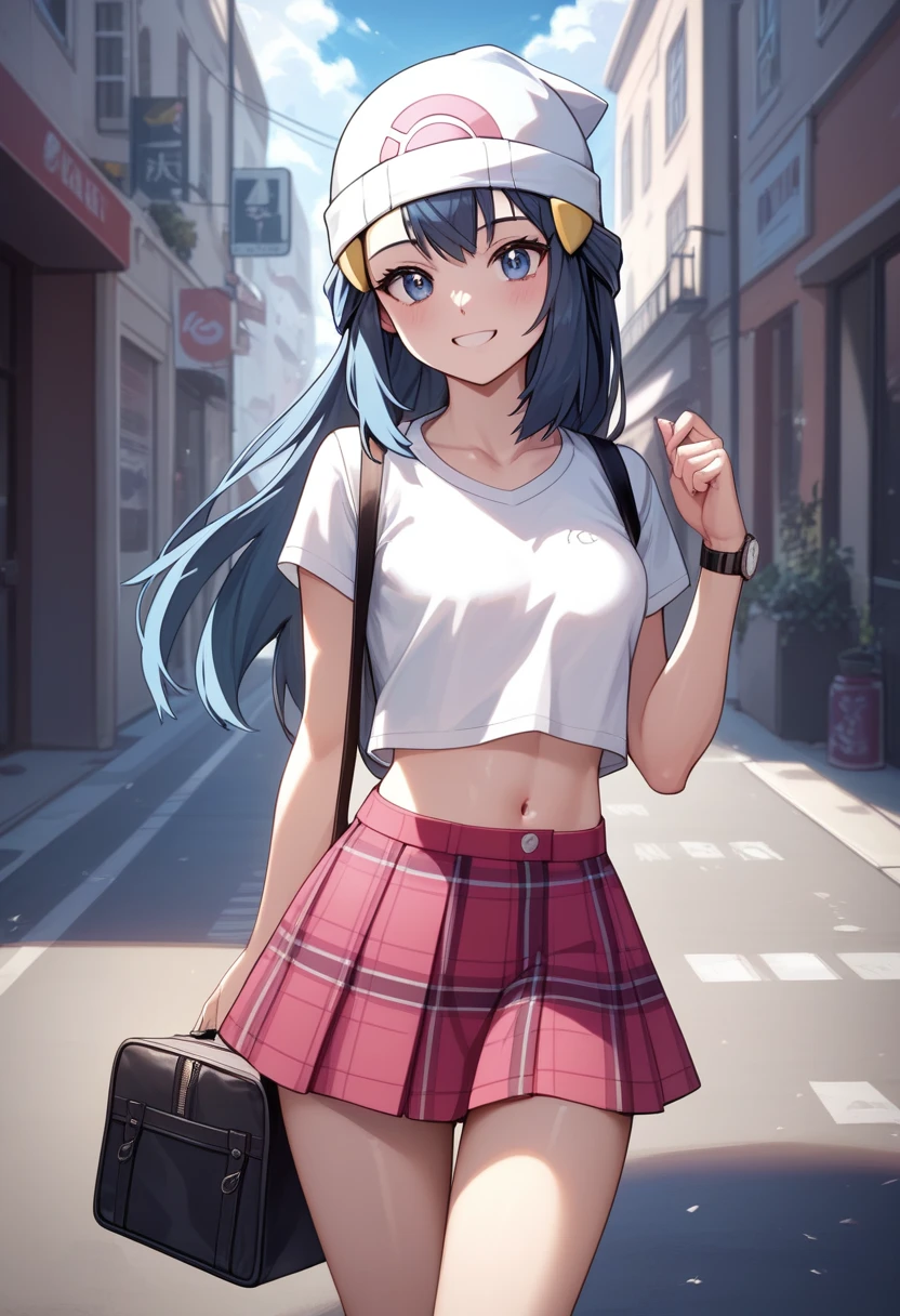 masterpiece, Best Quality, 1 girl, dawn \(Pokémon\), without hat, by the wide, For the blue, blue eyes, plaid skirt,crop top,Top celeste, smile, looking at the viewer, city background,Street,sexy,schoolbag, open breasts, lean forward