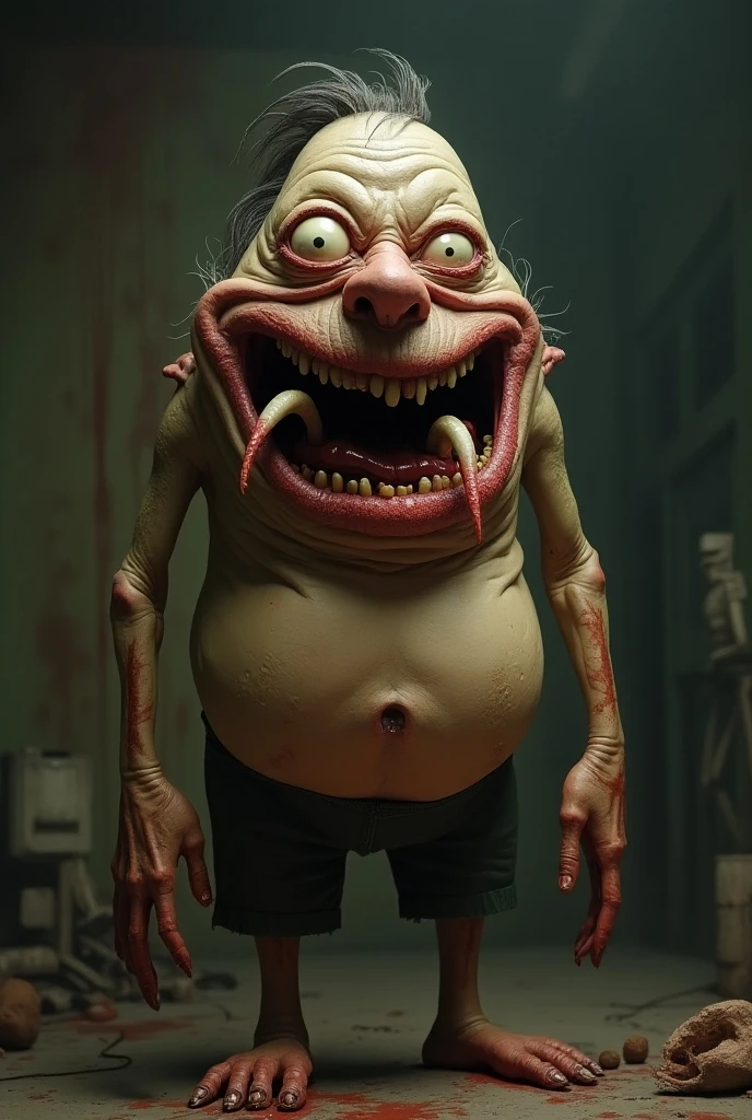 A humanoid creature in a torn suit with very long limbs and grey skin,Stomach 3.50mt with a smile from ear to ear pointy teeth and very scary 