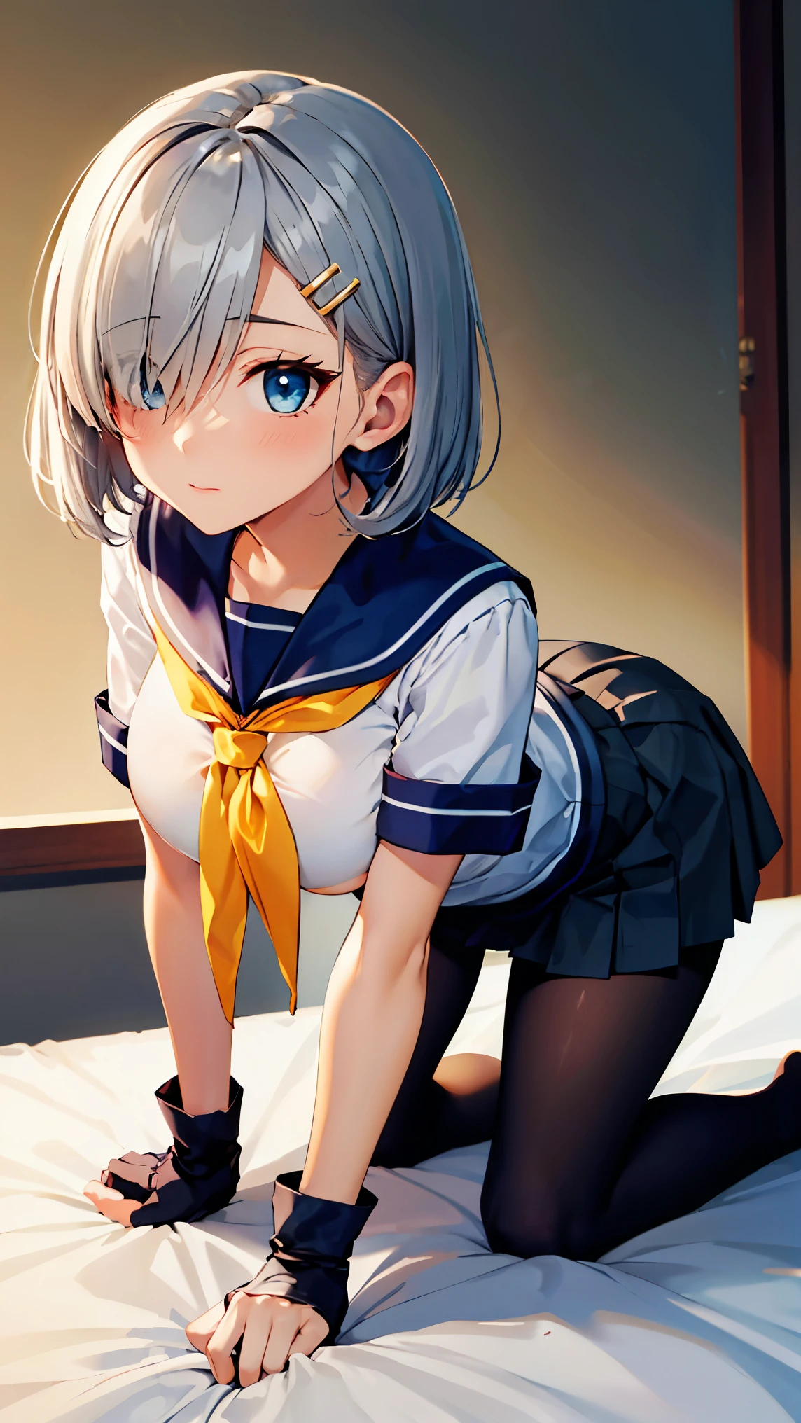 8k high resolution (Super detailed), masterpiece, (Best Quality)　 anime illustration　 detailed eyes on board,  detailed face　 detailed hands　Fine hair　 very elaborate body、 fine skin 　 1 girl　 fleet this_Sea Breeze　 blue eyes、Grey Hair、Hair above one eye、Short Hair　 black pantyhose、gloves、grey sailor collar 、Grey Skirt、 hair clip that invites you with your hand、 pleated skirt、uniform　 short skirt 、白gloves、 yellow neckerchief　(Big Breasts)　Breasts drawn by gravity 　( is on all fours)　 on the bed　 clear body contours　Diagonal side view