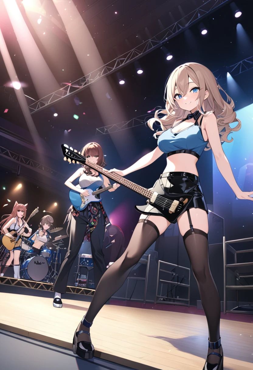 Nakano Miku,  blue eyes, Brown Hair, curly hair, bangs,  hair between eyes , 　 live stage,  big breasts at the temple,  Smiling Girl in Formal Dress 　One person　椅子に sitting　 sitting　 anime style 　 high socks　　　　 crop top　 sleeveless　 tank top 　 sleevelessシャツ　 shorts　 high waist pants　ショートな shorts　Small breasts　 small breasts　Small breasts　 garter belt 　　校のmusic室　 Fun Vibes 　　Playing Pause 　 garter stockings 　drum　 suspenders　　　　 is standing　 anime style 　　ニー high socks　　Black electric guitar　　 crop top　 sleeveless　 tank top 　 sleevelessシャツ　 shorts　 high waist pants　ショートな shorts　 big breasts at the temple　Big Breasts　 garter belt 　　校のmusic室　 Fun Vibes 　　Playing Pause 　 garter stockings 　Holding an instrument　Owning things　Holding a guitar　　 suspenders　　1 Female、 Details、 Photorealistic、、 Detailsな目の描写、Platinum blonde long hair、深い blue eyes、Rock Band、guitarist、 Black Leather Stage Costume、 miniskirt、concert、 spotlight 、Fanaticism、music