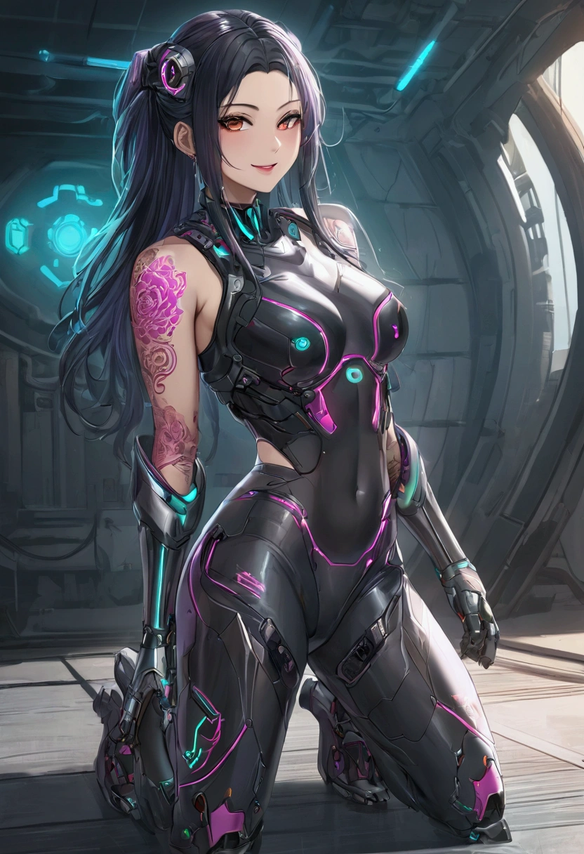 a beautiful 25 year old asian woman in a cyberpunk outfit, smile, tattoos neon, cyberpunk style cyborgpunk mecha armor robotic futuristic mermaid , bodysuit ,  with tatto called"ndraguna" text, manga, anime, (best quality, 4k, 8k, highres, masterpiece:1.2), ultra-detailed, (realistic, photorealistic, photo-realistic:1.37), , dynamic pose, full body sweating neon